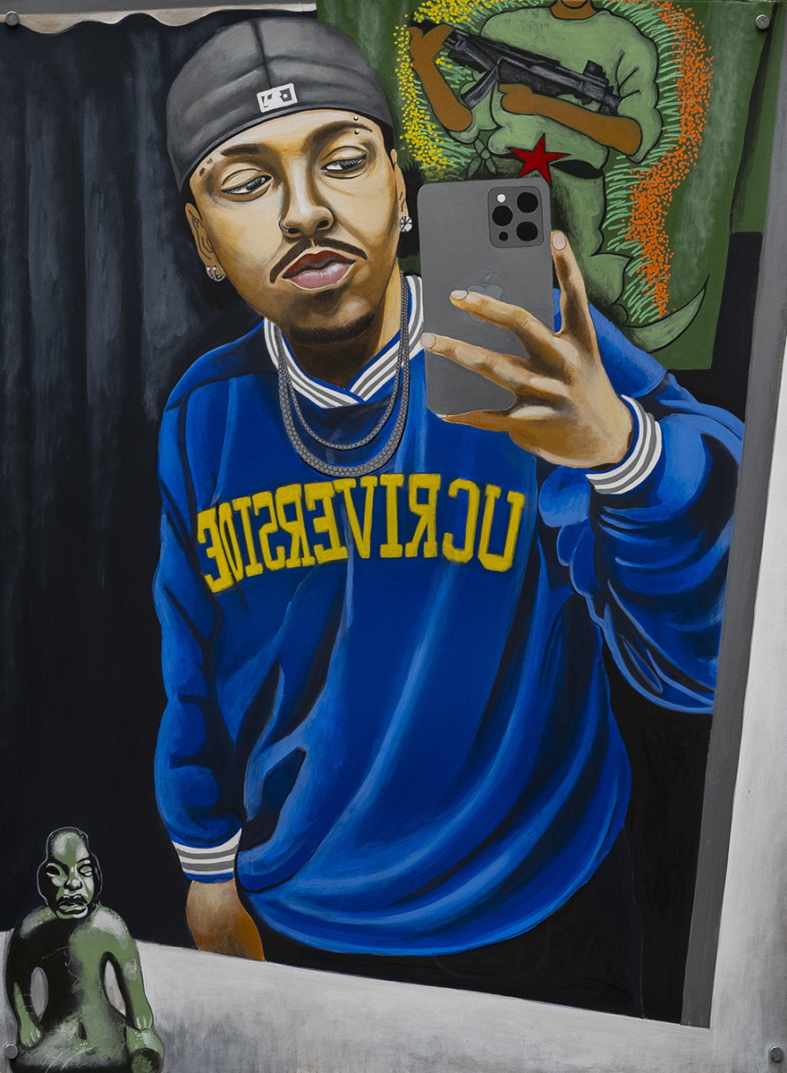 A painting of a man in a UC Riverside sweater taking a cellphone photo of himself in the mirror