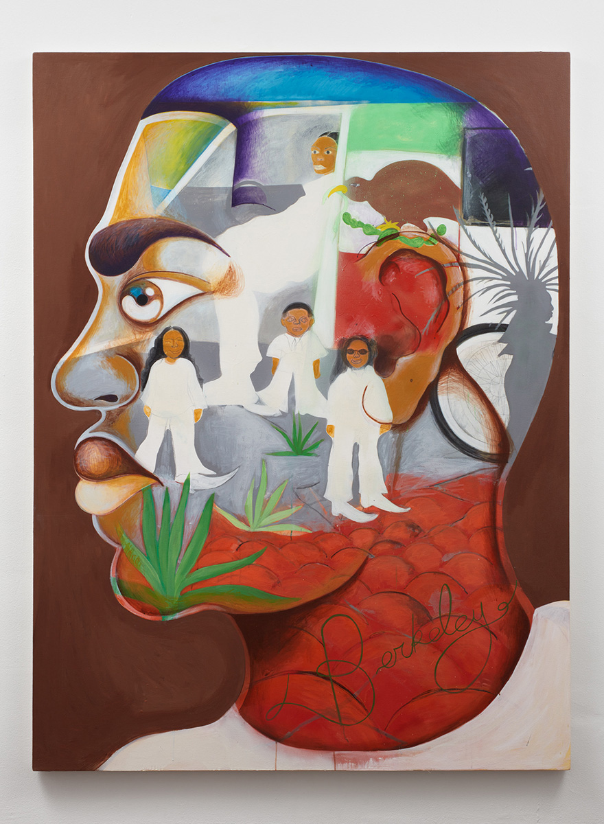 A painting of people, animals, and plants superimposed on the side of a man's face