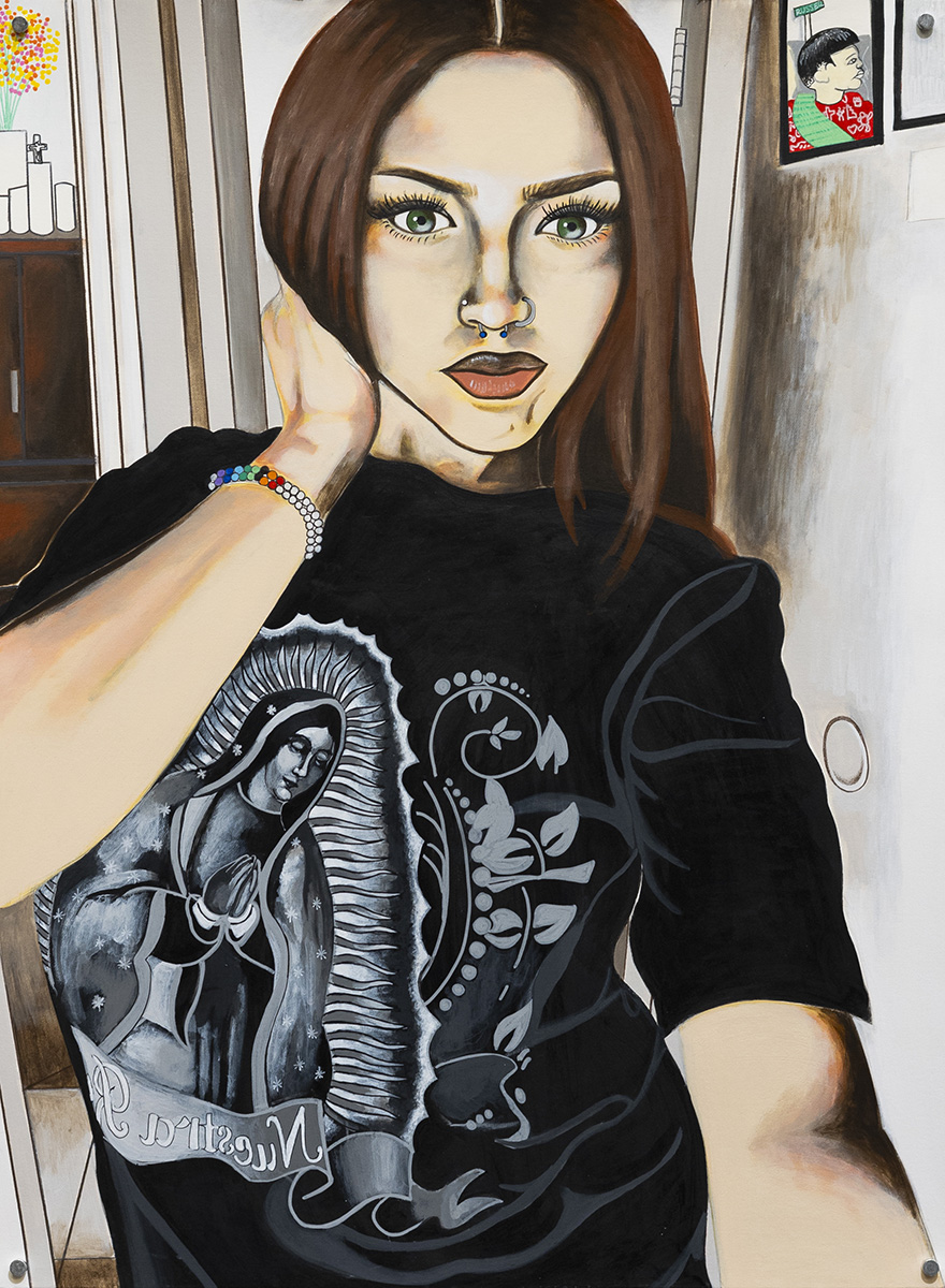 A painting of a woman in a black shirt with her hand in her hair