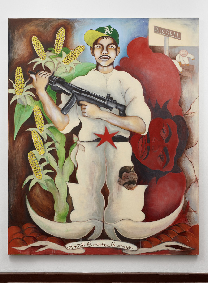 A painting of a man wearing an A's hat and holding a gun next to stalks of corn
