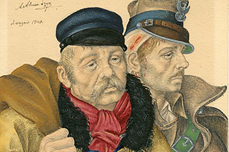 Drawing of sad-looking man with sack over shoulder and Polish soldier in uniform w/ bandaged head