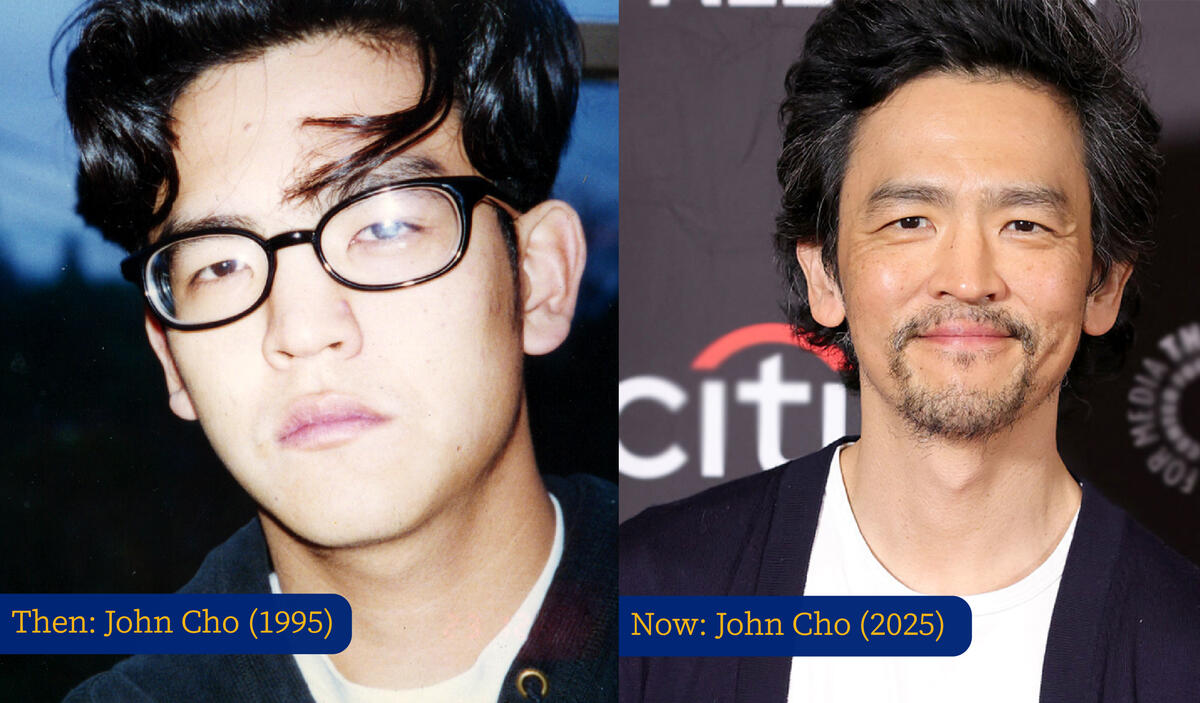 Side by side images of actor John Cho, on the Left "then" an image of him from 1995, on the right "now" an image of him from 2025