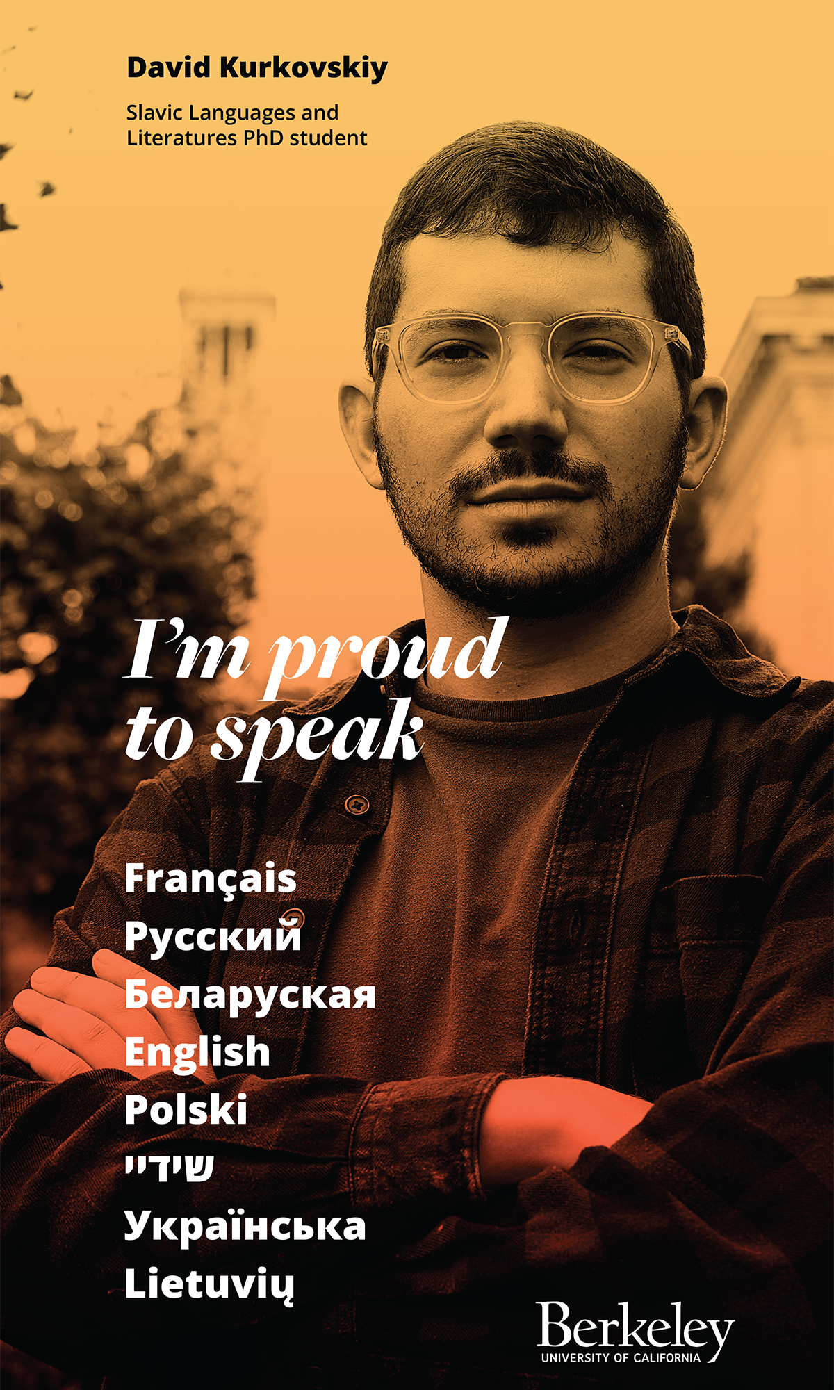 Banner of graduate student David Kurkovskiy that reads: &quot;I'm proud to speak&quot; and lists eight languages after.