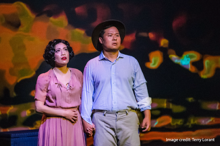 performance photo from Both Eyes Open showing man and woman holding hands. Image credit Terry Lorant