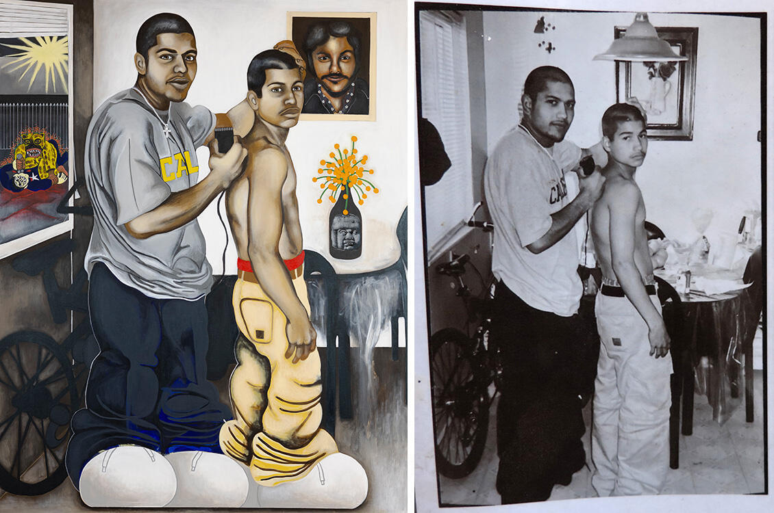 On the left, a color painting of a black-and-white photo, on the right, of a man giving his younger brother a haircut