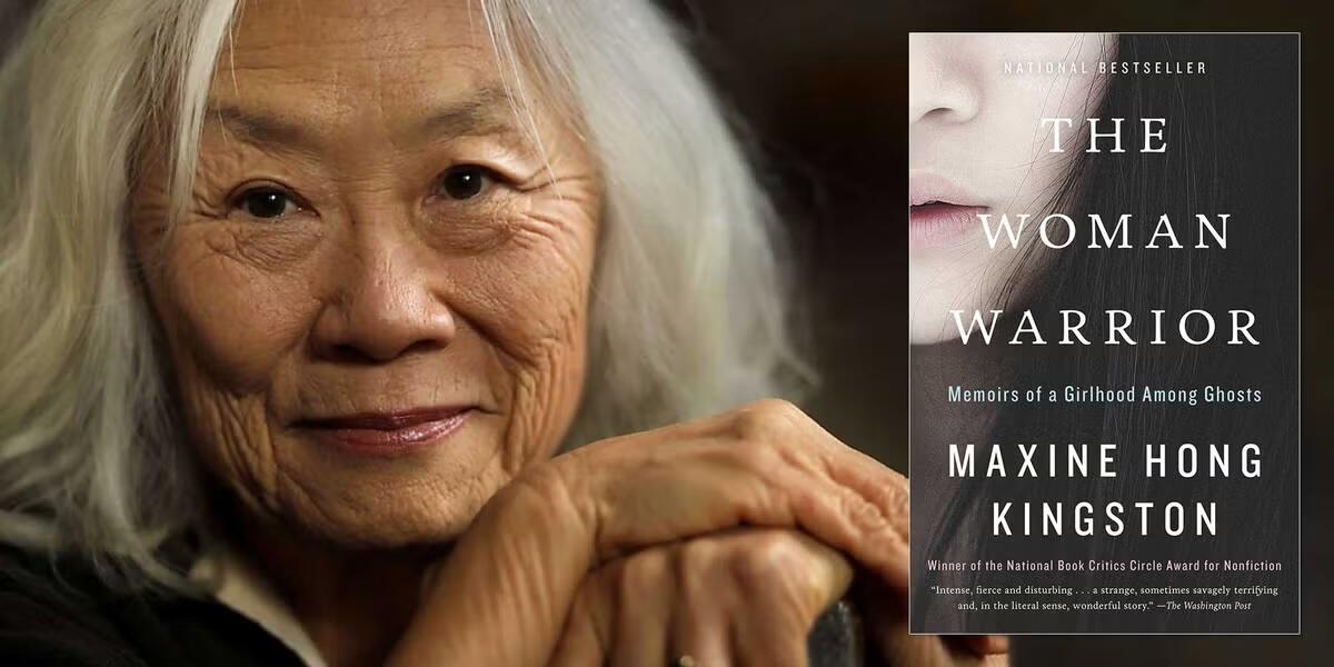 Portrait of an older person alongside the book cover of "The Woman Warrior" by Maxine Hong Kingston.