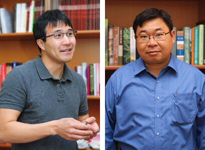 Two side-by-side photos of men in front of full bookshelves