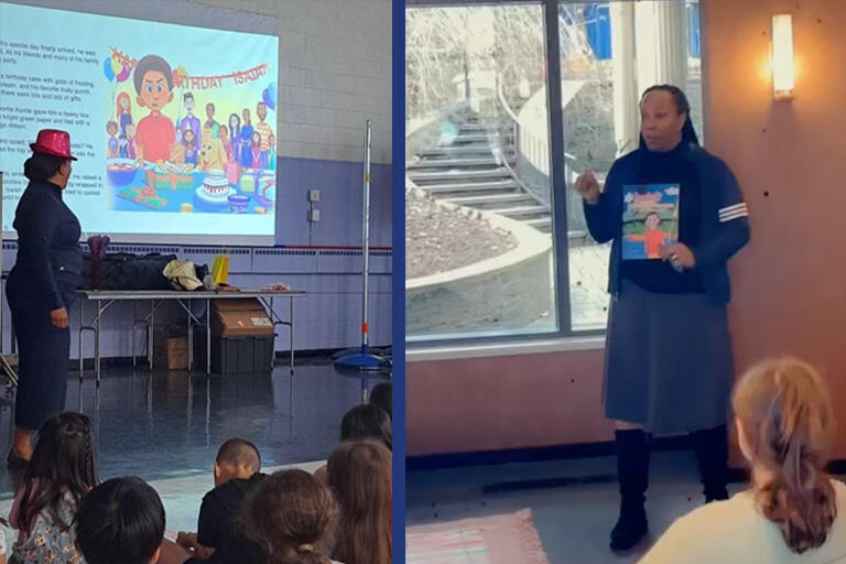 woman giving presentation to schoolchildren