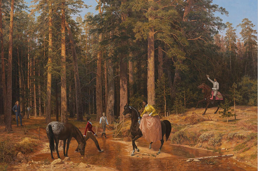 a nineteenth-century-style painting shows people on horseback and on foot in a forest clearing with a creek