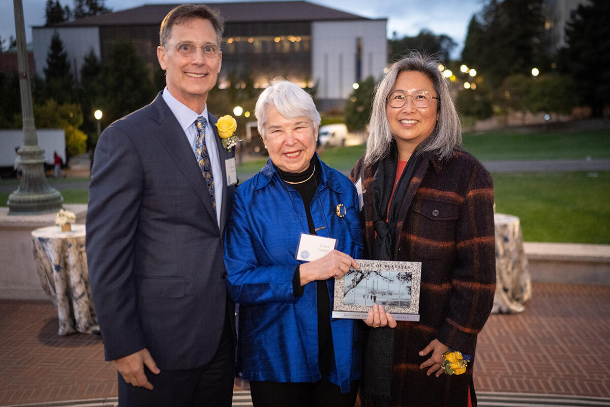 The Morgans with Chancellor Carol Christ at their Builders of Berkeley induction event in October. (UC Berkeley photo by Keegan Houser)