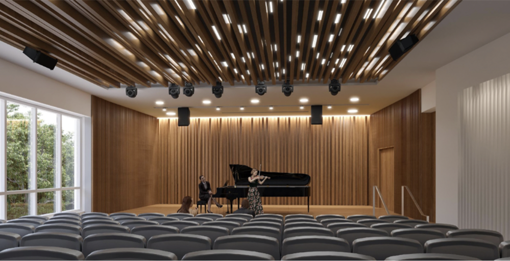 rendering of performance space with pianist and violinist onstage