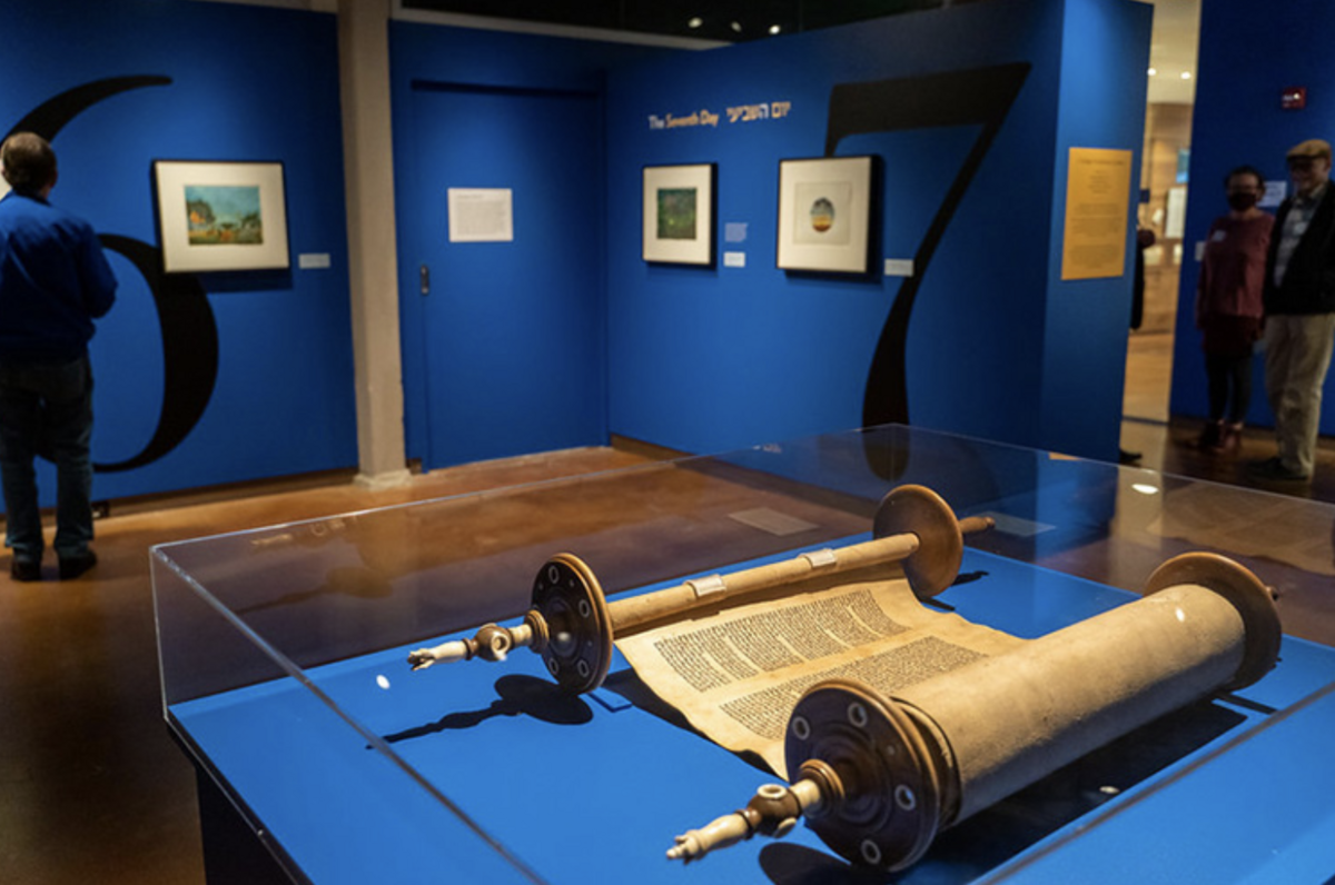 A Torah scroll from the permanent collection of The Magnes on display in its current exhibition “In Twilight. Ori Sherman’s Creation.” (Photo by Antonio Martin/KLC fotos)