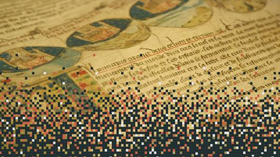 a manuscript page with an overlay of pixels
