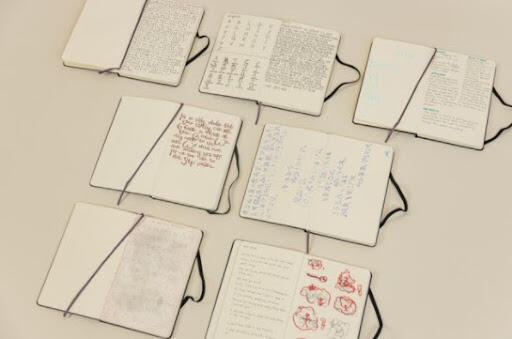 An image of students' Moleskine journals with handwritten notes
